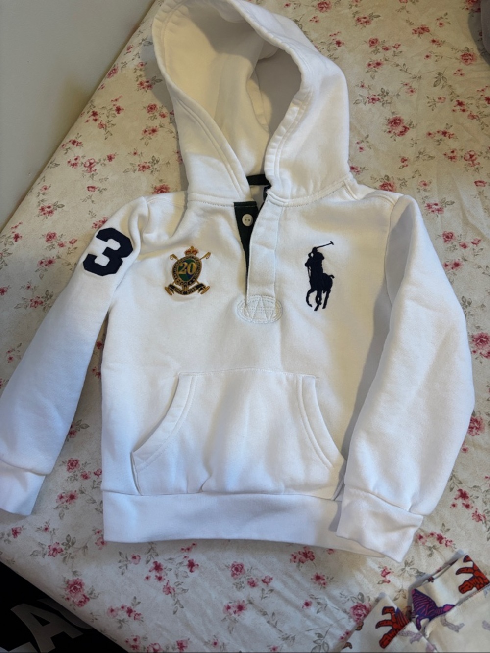 Polo by Ralph Lauren Kids White Hooded Sweatshirt with Navy Logo & Crest